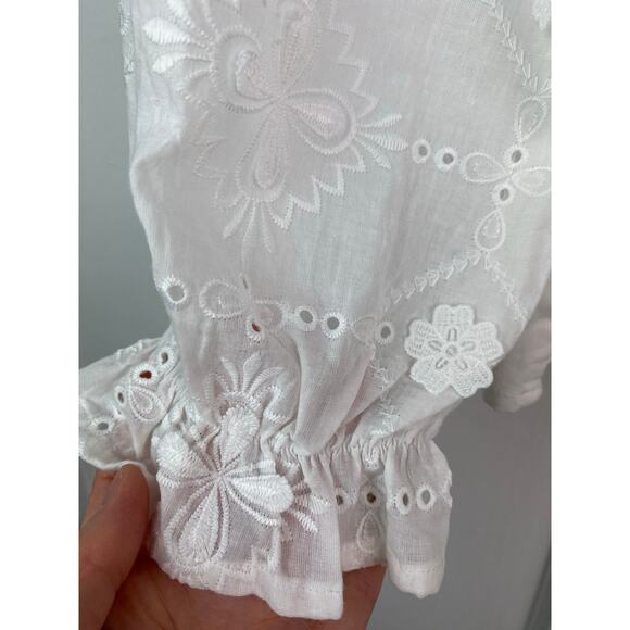 Cherry Paris Women's Size M White Floral Eyelet Ruffle Neck Cotton Blouse - Picture 8 of 8